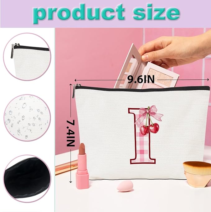 CQM Initial Makeup Bag Monogram Cosmetic Bag Monogrammed Gifts for Women Girls Friends Coworker Wife Personalized Travel Toiletry Bag Christmas Bridal Shower Wedding Bridesmaid Gifts, Cherry I