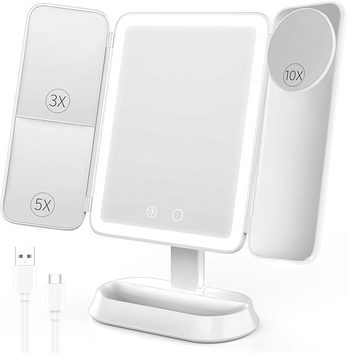 Makeup Mirror with Lights, Rechargeable Mirror with 2X/3X/10X Magnification, Portable Vanity Mirror with for Travel/Desk, Valentines Day Gifts for Her