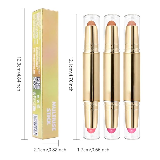 evpct 3Pcs 2In1 Blush Contour Multiuse Makeup Sticks Set, Pink Rose Berry Tan & Nude Brown Creamy Butter Blush Bronzer Contour Multiuse Stick for Cheeks Lips Eyes Faces, Mloisturing Radiant Finish