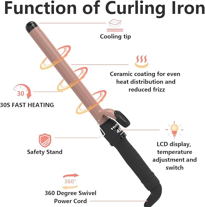 1 Inch Curling Iron - Ceramic Curling Iron, Fast Heat Function LCD Display 180°F-450°F Adjustable, Long Lasting Beach Waves, Dual Voltage Curler, Heat Resistant, Rose Gold