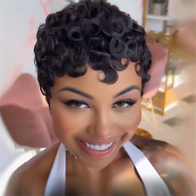 Pixie Cut Short Bob Wig for Black Women 100% Brazilian Human Hair Full Machine Made Wigs Glueless Natural Black Color Curly Human hair