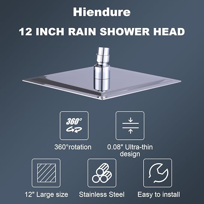 12 Inch Rain Shower Head, High Pressure Stainless Steel Bath Shower, Ultra Thin Rainfall Showerhead Waterfall Body Covering