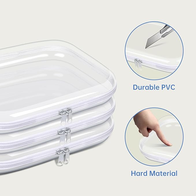 SXS LACONIC Clear Hard Plastic Zipper Case,Transparent Double Zippers Hard Pouch with 3pcs,Portable Travel Organizer Bin for Toy Storage