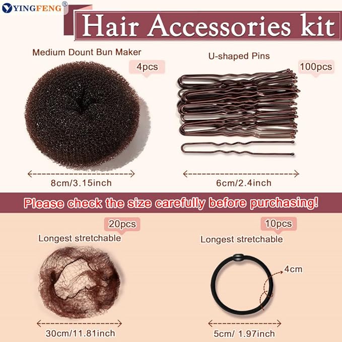 YINGFENG 134 Pcs Brown Hair Bun Maker Kit Medium - 4 Bun Hair Pieces for Women, 20 Hair Net for Buns, 100 Bobby Pins for Women, 10 Hair Bands, for Ballet Styling, Hair Accessories for Girls