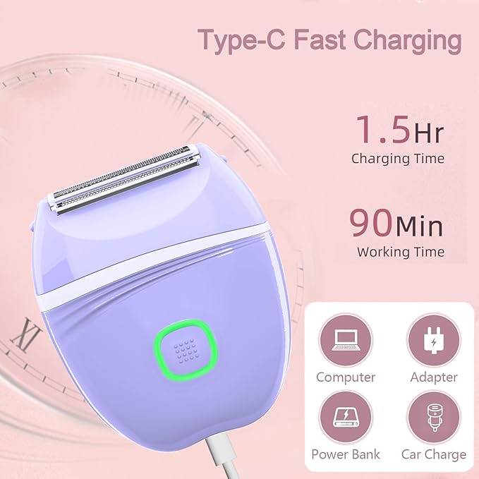 Women Electric Shaver, Wet and Dry Bikini Trimmer for Women, Rechargeable Electric Razor for Legs, Face, Arm, Underarm, Bikini Area