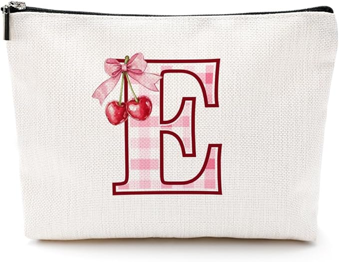 CQM Initial Makeup Bag Monogram Cosmetic Bag Monogrammed Gifts for Women Girls Friends Coworker Niece Personalized Travel Toiletry Bag Christmas Bridal Shower Wedding Bridesmaid Gifts, Cherry E