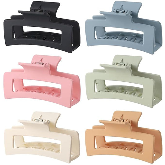 3.5 Inch Square Hair Clips for Women 6 Pack Hair Claw Clips Medium Claw Clips for Thick Thin Hair Rectangle Banana Jaw Hair Accessories for Women Girls -Basic