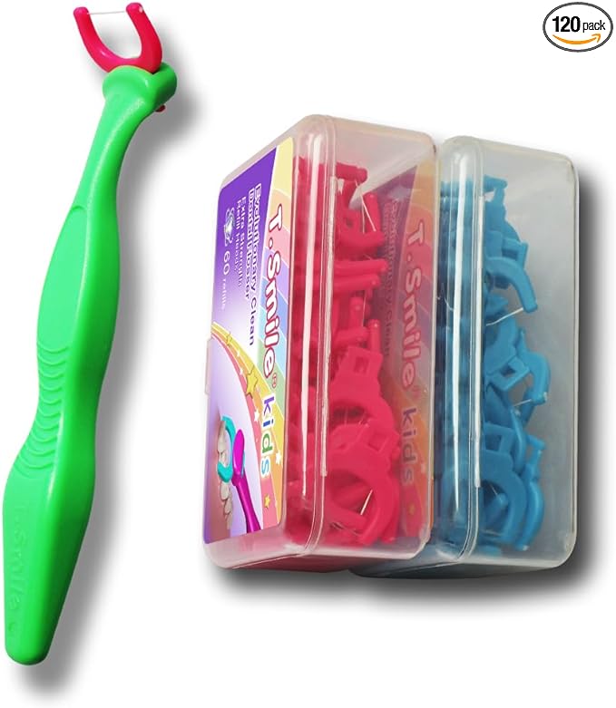 T.Smile Kids Evolutionary Clean Dental Flosser Kit, Child-Sized Handle & Refills, Fluoride Free, for Ages 3+, (Green Handle + 120 Refills)