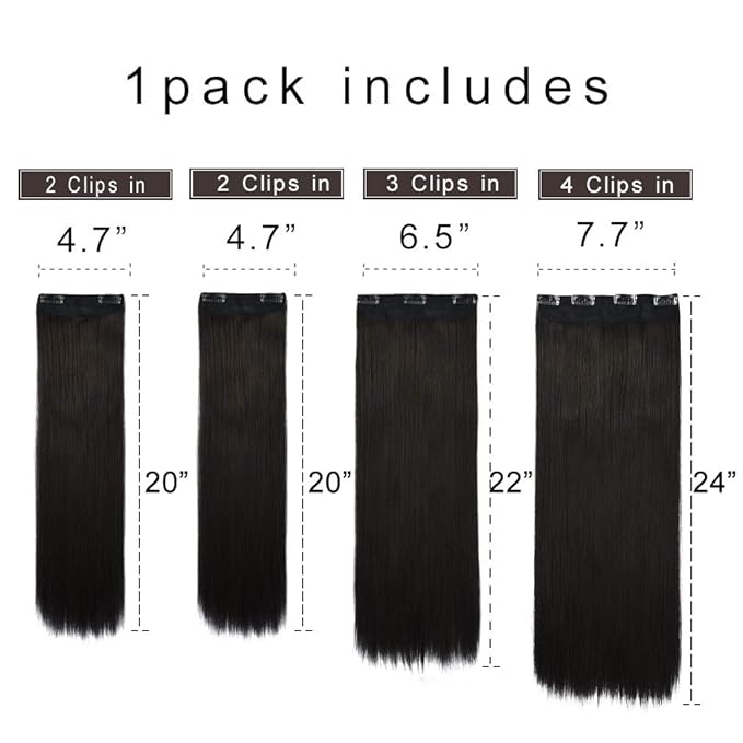 REECHO Multi-Length 20" 22" 24" Long Straight 4 PCS Set Thick Clip in on Hair Extensions Black Brown