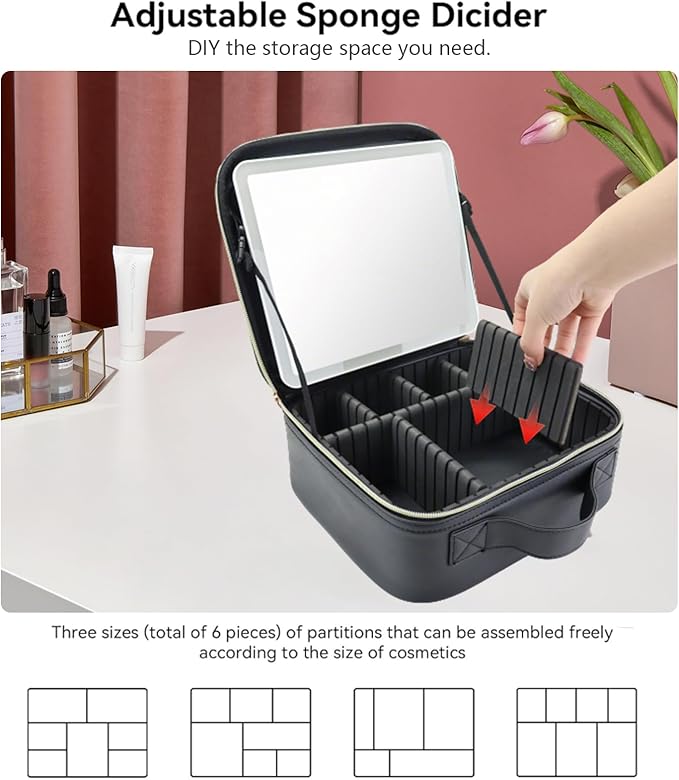SLUMAZI Travel Makeup Bag with LED Mirror with 3 Lighted Settings, Adjustable Dividers, Makeup Brush Storage Bag and Jewelry Case Black