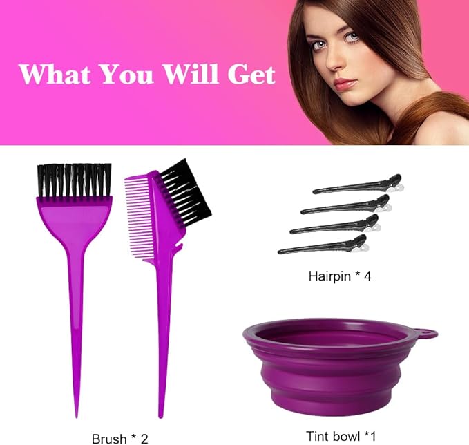 Hair Dye Color Brush and Bowl Set, Color Bowl Brushes Tool Mixing Bowl Kit Tint Comb for Hair Tint Dying Coloring Applicator (Purple)