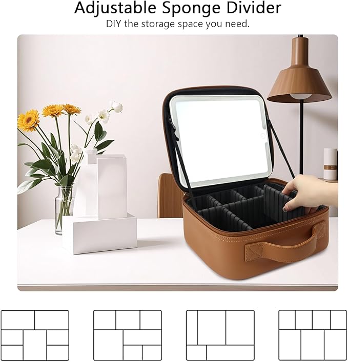 SLUMAZI Travel Makeup Bag with LED Mirror Travel Makeup Organizer with 3 Lighted Settings, Adjustable Dividers and Makeup Brush Storage Bag Brown
