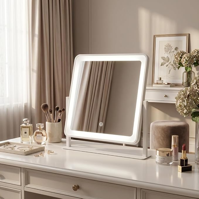 Vanity Mirror with Lights, 14"×12" Makeup Mirror with Lights, LED Makeup Mirror, Smart Touch with 3 Color Lighting Modes, Brightness Adjustable, for Bedroom Tabletop - White