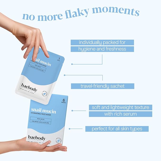 Baebody Snail Mucin Face Sheet Mask (6 pcs) - Anti Aging and Moisturizing Face Mask with Hyaluronic Acid - Deep Hydration for Youthful Skin