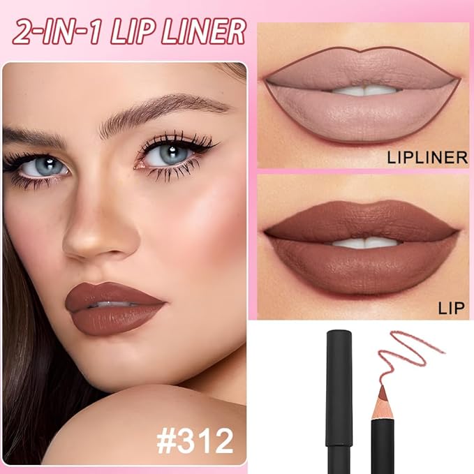 2 Pcs Natural Nude Brown Beige Colors Lip Liner Lipstick Pencils Set for Daily Makeup,Easy to Apply & Remove,Waterproof 312N#