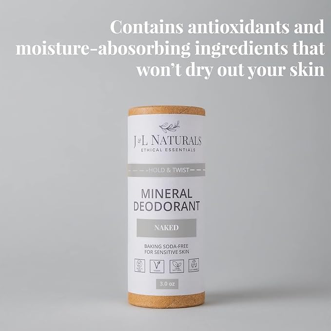 J&L Naturals Mineral Deodorant | Baking Soda-Free, 100% Natural, Sustainable Skin Care | Sensitive Deodorant For Women & Men | Aluminum Free, Vegan, Cruelty-Free (Unscented & Woody, 3 Oz (Pack of 4))