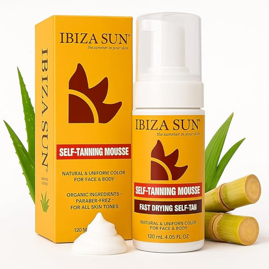 Ibiza Sun Self-Tanning Mousse – Organic DHA + Aloe Vera – Quick Dry, Paraben-Free, Vegan & Cruelty-Free – Natural-Looking Tan for Face & Body