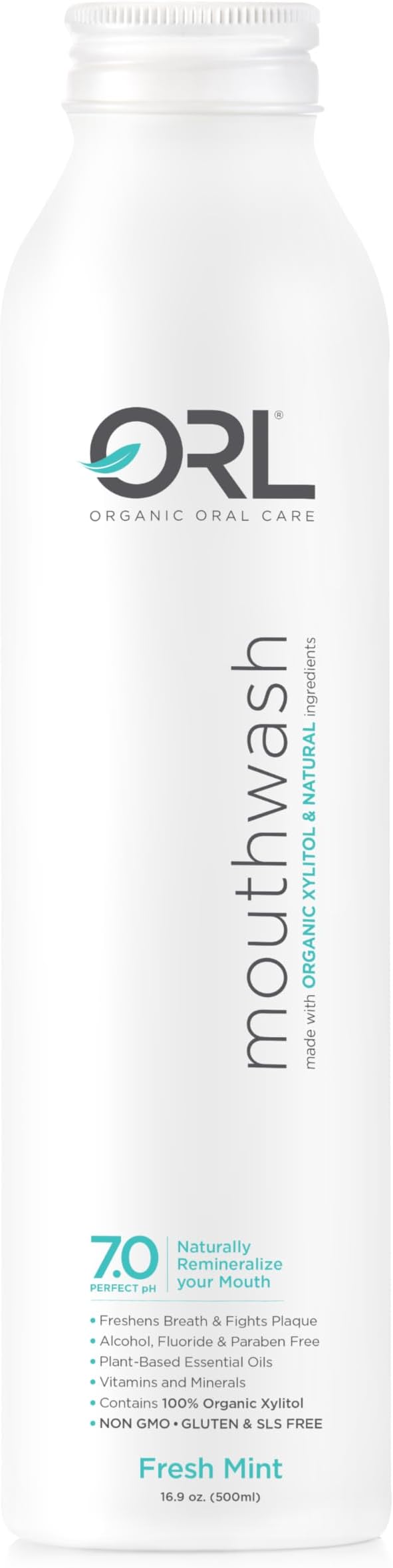 ORL Natural & Organic Alcohol-Free Mouthwash Uniquely Formulated to Clean Your Mouth, Whiten Your Teeth, Strengthen Tooth Enamel with 7.0 pH Balance. Eco-Friendly Aluminum Bottle. 16.9 oz.