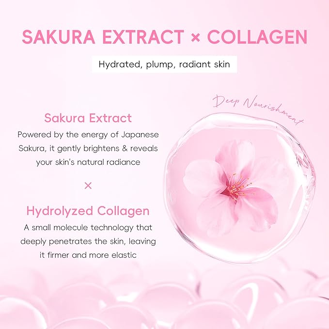 Sakura Collagen Skincare Set - 8-Piece Glass Skin Routine with Cleanser, Toner, Serum, Eye Cream, Moisturizer | Hydrating, Firming, Glowing for All Skin Types, Skin Care Gift Sets