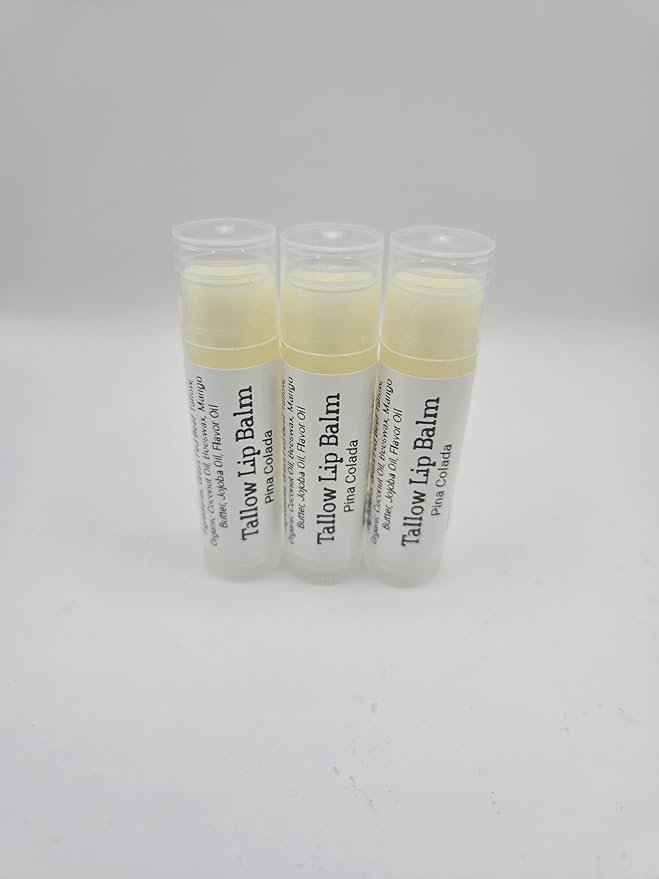 Tallow Lip Balm (Pina Colada) Handmade Grass Fed Beef Tallow Lip Balm with Nourishing Oils (3 Pack)
