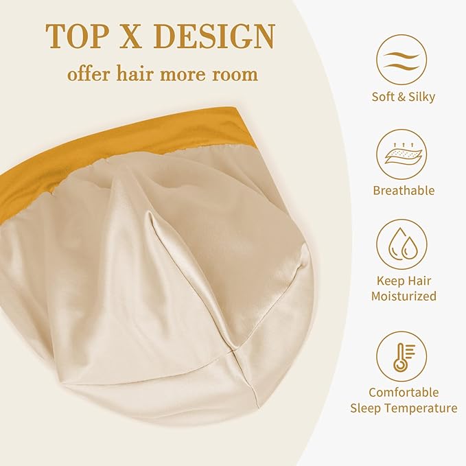 Fittia Satin Hair Bonnet for Sleeping, Silky No Frizzy for Curls Care, Adjustable Strap for Non-Slip, Dreadlocks Cap for Women&Men Mustard Yellow