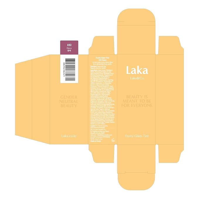 Laka Fruity Glam Tint, 4.5g/0.15oz, Glowing Lip Stain with Wide Color Spectrum, Hydrating & Lightweight Texture, Buildable Color, Non-Sticky, Vegan, K-Beauty (#102 Dewy)