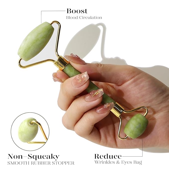 BAIMEI IcyMe Jade Face Roller & Gua Sha, Facial Beauty Skin Care Tools, Self Care Gift for Men Women, Massager for Face, Eyes, Neck, Relieve Fine Lines and Wrinkles - Green