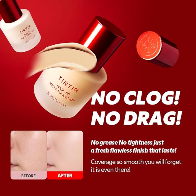 TIRTIR Mask Fit Red FoundationㅣLong Lasting Flawless Coverage, Energy Essence, Lightweight, Hydrating, Pore-Blurring, Breathable Satin Finish, Makeup, Radiant Skin, #33N Macchiato, 1.01 Fl Oz