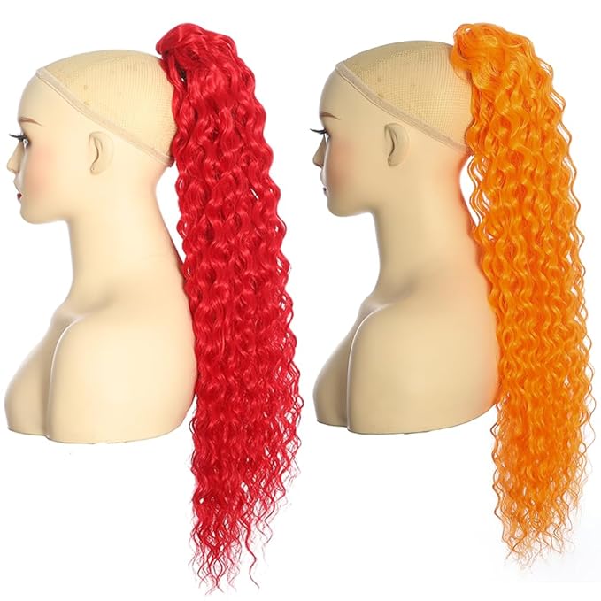 2 Pcs Deep Wave Ponytail Extension for Women 24 Inch Curly Wavy Ponytail Hair Extensions Drawstring Ponytail with Clips Long Synthetic Hairpiece for Daily and Party (Red&Orange)
