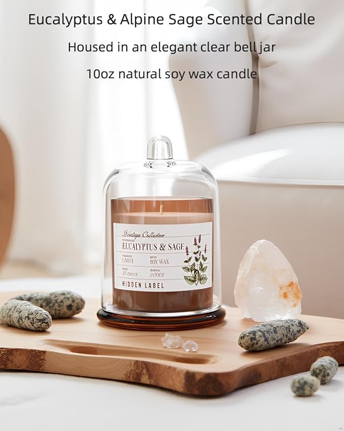 Hidden Label Eucalyptus & Alpine Sage Scented Candle - 10oz Non Toxic Candles for Home Scented with Clear Bell Jar, Natural Soy Wax Aromatherapy Candle for Spa/Yoga/Meditation & Stress Relief Gifts