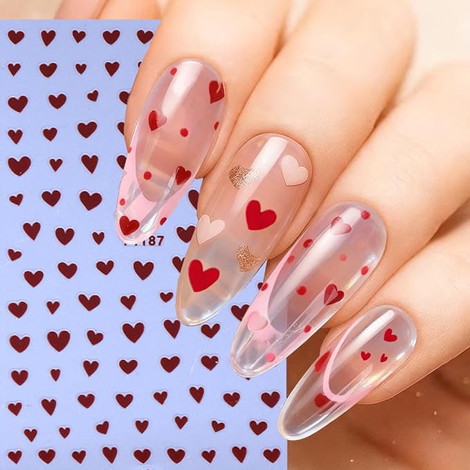 6 Pcs Heart Nail Art Stickers for Nails 3D Self-Adhesive Pink and Red Heart Nail Decals Nail Supplies Valentine Holiday Women DIY Manicure Tips Decoration for Party Salon Nails Salon