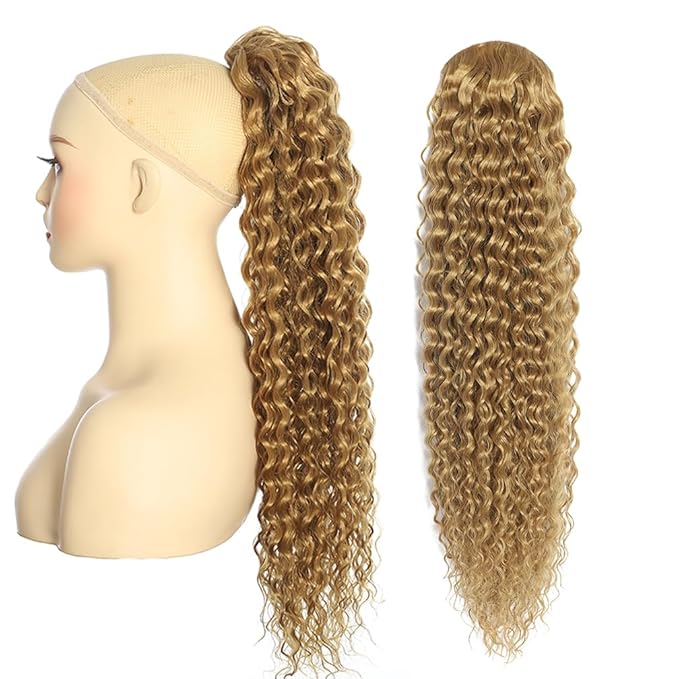Deep Wave Ponytail Extension for Women 24 Inch Light Brown Curly Wavy Ponytail Hair Extensions Drawstring with Clips Short Synthetic Hairpiece for Daily and Party
