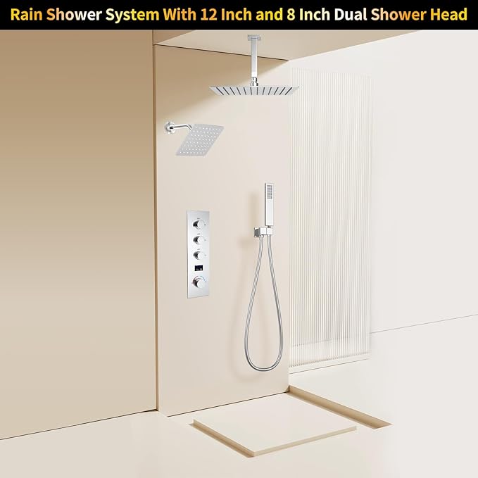 AYIVG Chrome Thermostatic Rainfall Shower System 12 Inch And 8 Inch Dual Square Shower Head System Ceiling Mount Bathroom Temperature Display Shower Faucet Set With Handled Spray