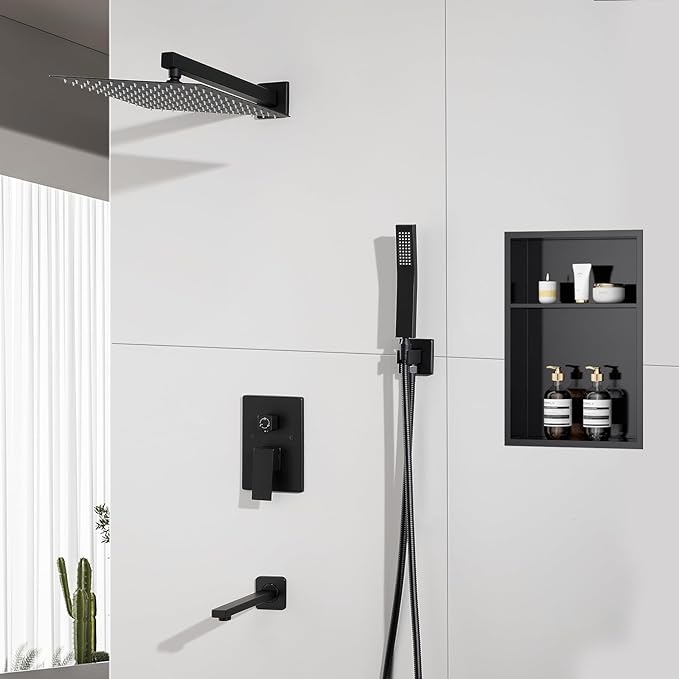 POPFLY Matte Black Shower System - 10 Inch Square Rainfall Shower Head & Handheld Spray Combo, Wall Mounted High Pressure Faucet Set with Brass Valve, Shower Hose & Trim Kit