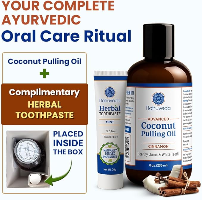 Cinnamon Coconut Pulling Oil, 8 oz | Advanced Ayurvedic Oil Pulling Mouthwash with Virgin Coconut Oil, Clove & Sesame | Alcohol-Free Oral Care | with 20g Herbal Toothpaste