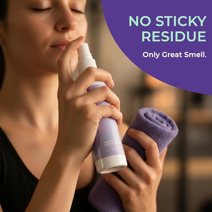 SwaytAway Fitness Mat Mist – 4oz Travel Size Yoga Mat Spray with Towel - (Pack of 2) – Aromatherapy-Inspired Lavender and Patchouli Blend – Plant-Based, No Rinse, Refreshes & Deodorizes