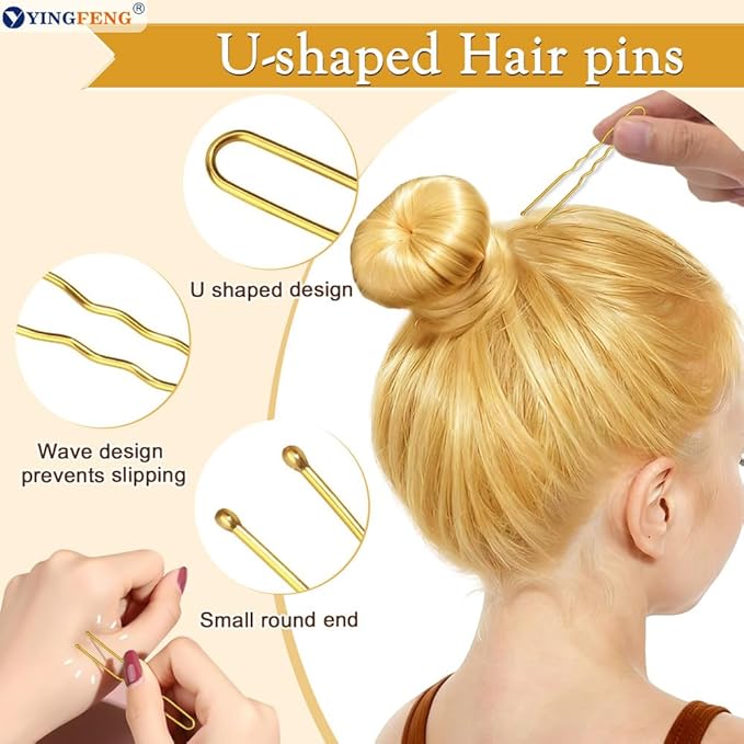 YINGFENG 134 Pcs Gold Hair Bun Maker Kit for Kids Small - 4 Hair Donuts for Buns, 20 Hair Nets for Buns, 100 U Shaped Bobby Pins, 10 Hair Bands, for Girls, Ballet Dance, Hair Accessories for Women