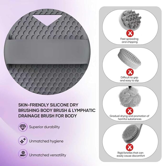 New Upgrade - Silicone Body Scrubber, Anti Zinc Infused - Heavy Nodes, Multifunctional Silicone Loofah for Humid Environment, Shower, Exfoliating, Lymphatic Drainage, Blood Circulation - Gray