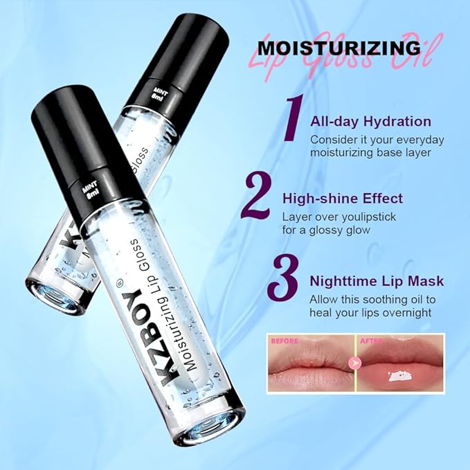 KZBOY Lip Gloss Lip Oil Mint Scented 8ml Moisturizing Lip Gloss for Dry Lips High Shine Smooth Finish Clear Blue Shade(Mint)