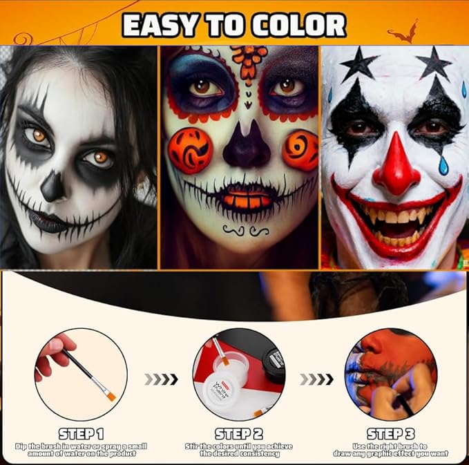 3 Color water-based Face Body Paint Set （Black + White + Red )with Brushes Kits Non-Toxic Easy Washable ,for Adults Halloweens Partys Cosplays Joker Zombie Vampire SFX Art Stage Makeup Adults
