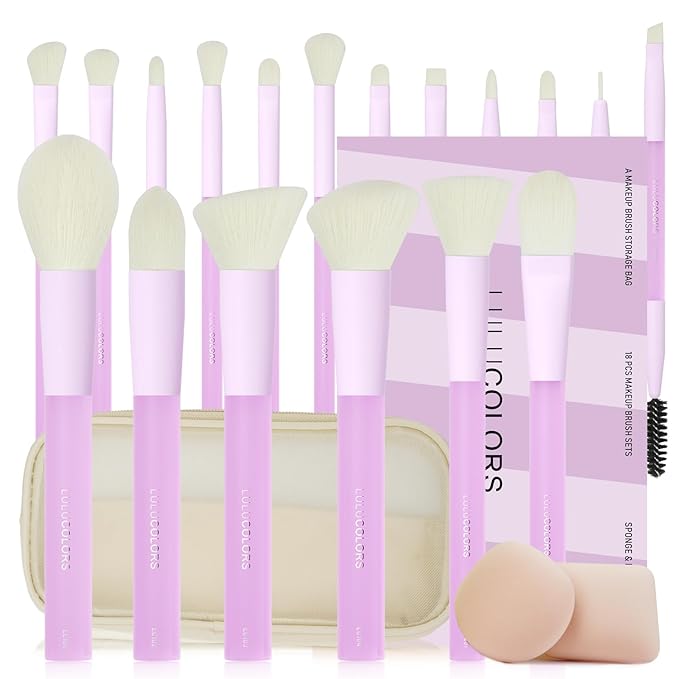 LULUCOLORS 18-Piece Light Purple Professional Makeup Brush Set – Translucent Rubberized Handles, Soft Synthetic Bristles for Face & Eye Makeup–Includes Travel Bag & Sponges, Complete Brush Collection
