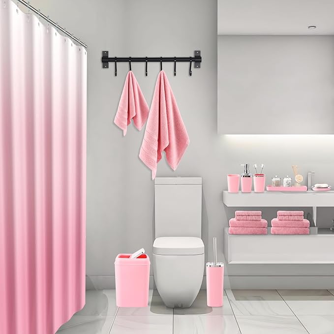 XLHOMO Pink Bathroom Accessories, 24 Pieces Pink Bathroom Accessories Set with Shower Curtain, Bath Towels, Trash Can, Soap Dispenser and Soap Dish for Bathroom/Housewarming