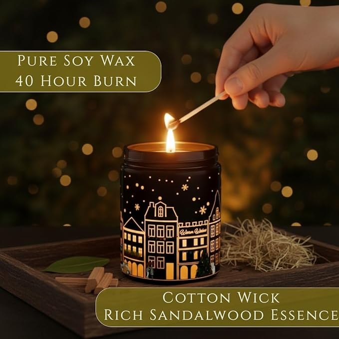 Sandalwood Scented Candle (Black Jar), 40-Hour Burn, Dual Light Glow, Premium Soy Wax, Aromatherapy Candle for Bedroom & Bathroom, Cozy Holiday Gift Candle – 7oz (200g)