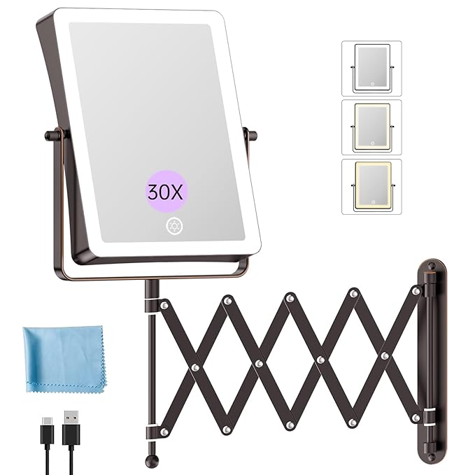 FASCINATE 5000mAh Rechargeable Wall Mounted Makeup Mirror with Lights, 8.7 Inch Double Sided Touch Switch 1X 30X Magnifying Bathroom Mirror, 3 Color Lights Dimmable Extended Arm 360°Rotation (Bronze)