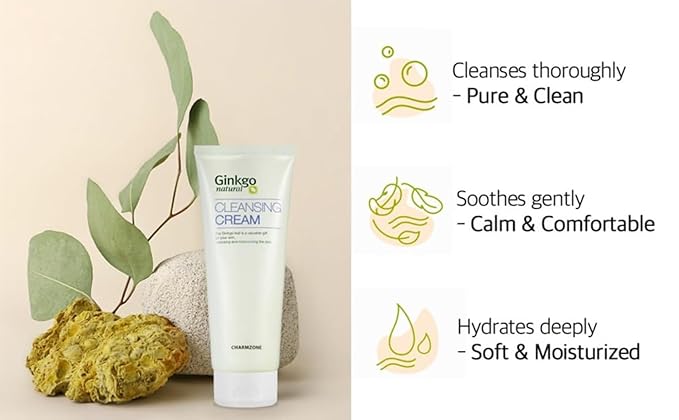 CHARMZONE Ginkgo Natural Cleansing Cream Makeup Remover, Deep Facial Cleanser for All Skin Types, Gentle Hydrating Korean Cleanser with Ginkgo Leaf Extract, Non-Greasy Rinse-Off, 7.06 oz K-Beauty