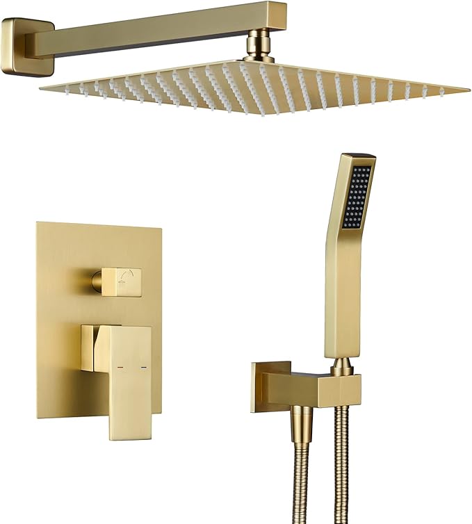 Artiqua Rain Shower System 12 Inches Shower Combo Set Brushed Gold Wall Mount Faucet Bathroom Faucets with Rainfall Shower Head and Hand Shower