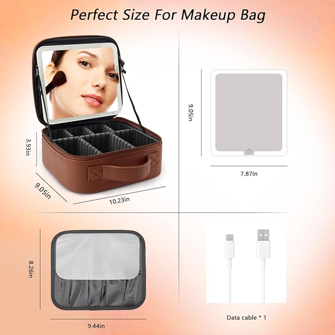 SLUMAZI Travel Makeup Bag with LED Mirror Travel Makeup Organizer with 3 Lighted Settings, Adjustable Dividers and Makeup Brush Storage Bag Dark Brown