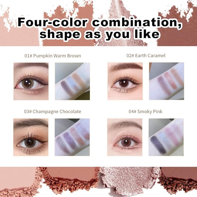 Neutral Warm Shimmer Eyeshadow Palette, Rose Gold & Champagne Taupe 4-Color Pressed Glitter Eyeshadow Set for Everyday Soft Glam, Long Lasting, Blendable Makeup Gift for Women