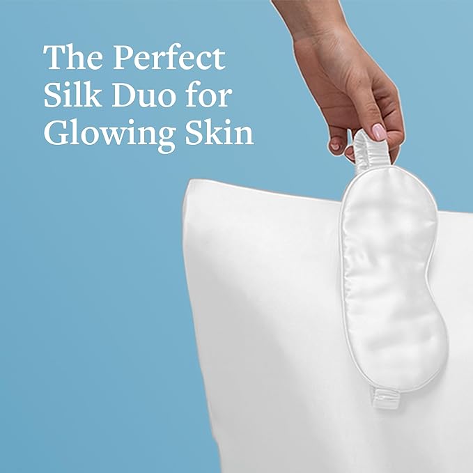 Silver Mirror Silk Sleep Essentials Set in Silver: Pillowcase and Eye Mask, 25" x 19.5" Fits Standard Queen Pillow, 22mm 6A Grade, for Gentle Sleep, Anti-Breakage, Tangles, Creases, and Wrinkles