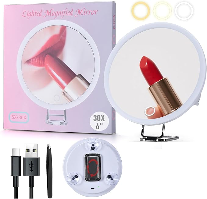 6" 30X Magnifying Mirror with Light Suction Cup,Led Close up Mirror for Checking Pores with 360° Stand,3 Color Lighted Personal Mirror 30X,30 Times High Magnification Concave Mirrors